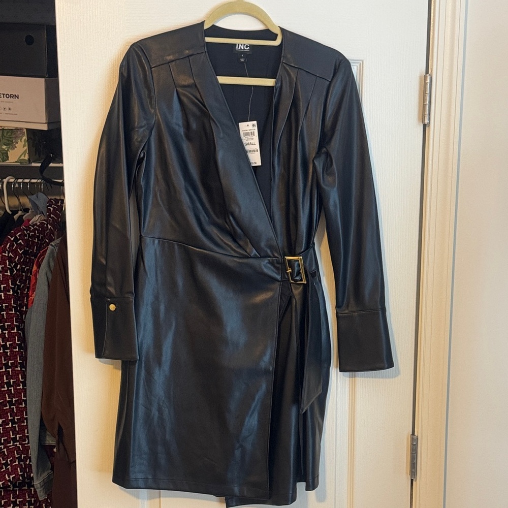 INC International Concepts Women's Faux Black Leather Belted Dress in small